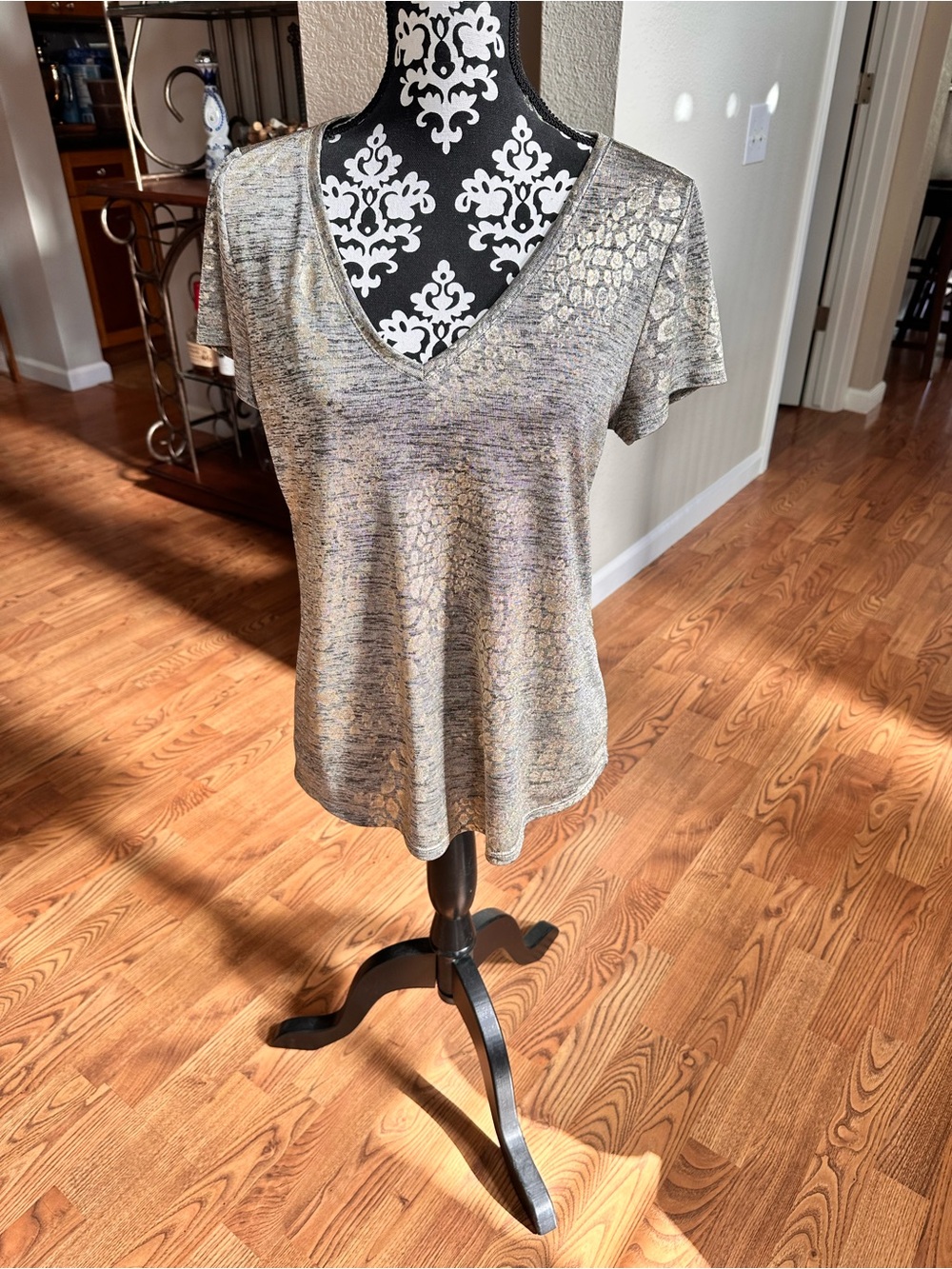 White House Black Market Metallic V-Neck Short Sleeve Top - Gold and Gray